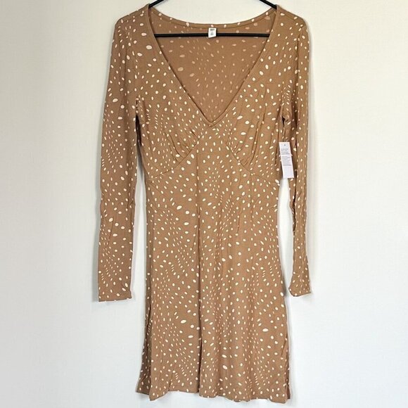 NWT BP Tan Polka Dot Long Sleeve V-Neck Sustainable Dress - Size: S - Picture 2 of 7